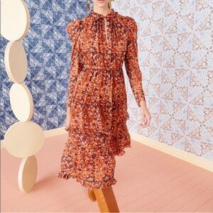 Ulla Johnson Orange Floral Long Sleeve Dress